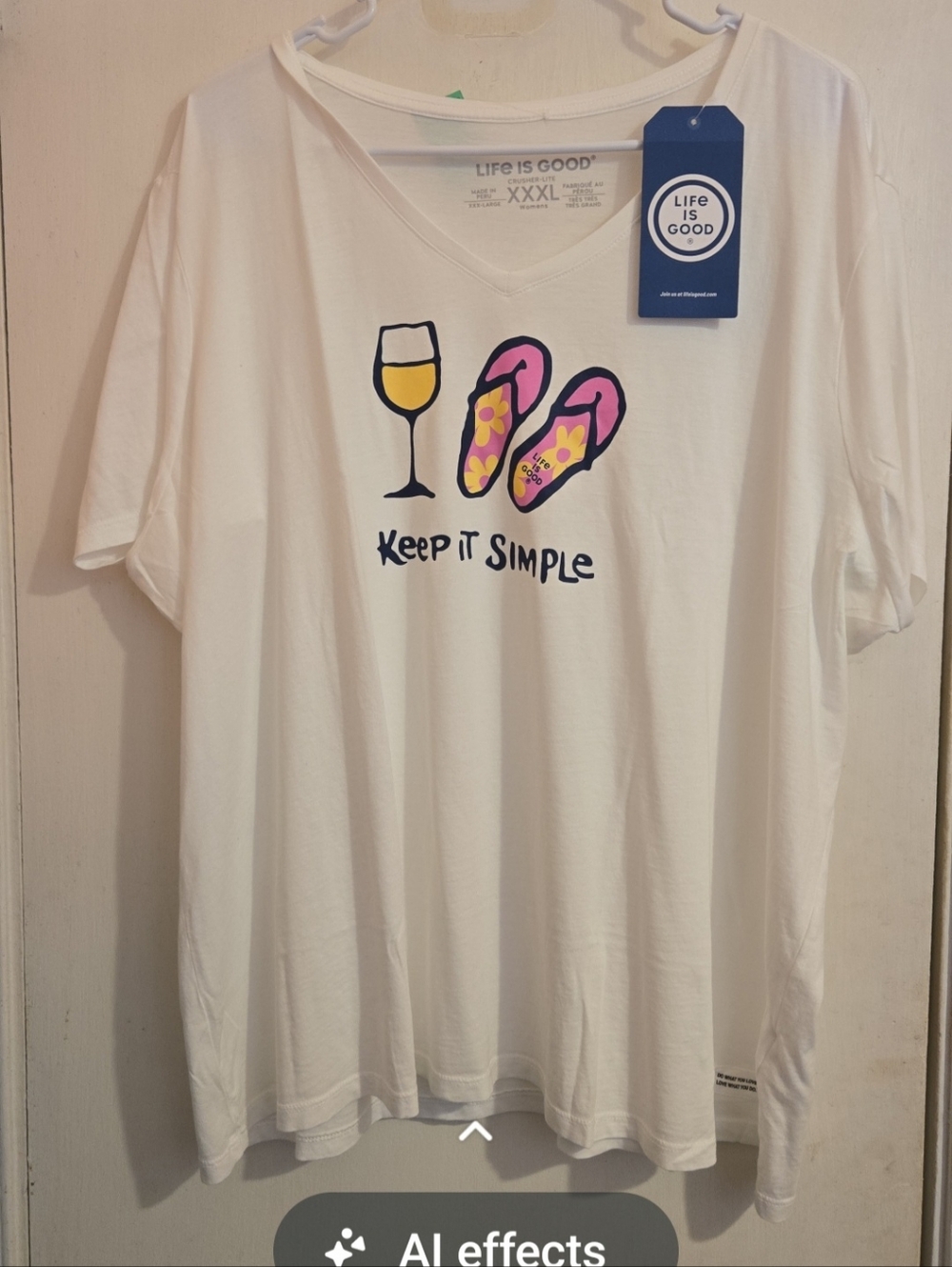 Life Is Good White Tee with Pink Flip Flop & Yellow Wine Glass Graphic